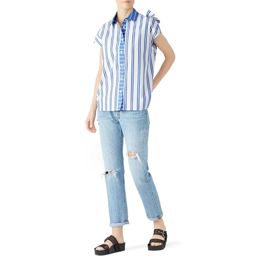 SJYP STEVE J & YONI P Striped Sleeveless Button Down Top M Open Back Blue B21